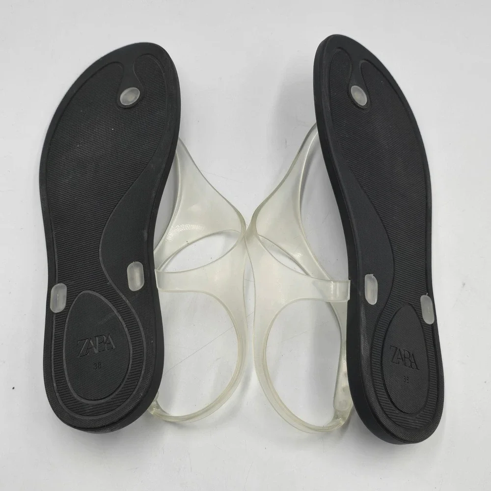 Zara Sandals Womens 38 Jelly T-Strap Black Clear EUC Summer Beach Comfort
